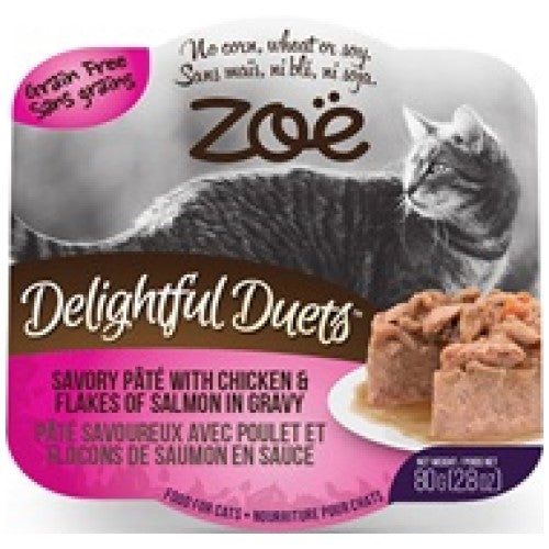 Zoe, Cat Wet Food, Grain Free, Delightful Duets Savory Pate with Chicken & Flakes of Salmon in Gravy (By Carton)