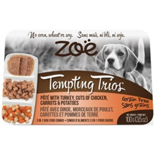 Zoe, Dog Wet Food, Grain Free, Tempting Trios Pate with Turkey, Cuts of Chicken, Carrots & Potatoes (By Carton)