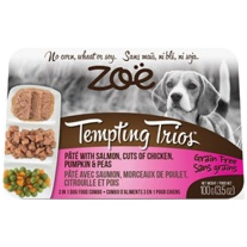 Zoe, Dog Wet Food, Grain Free, Tempting Trios Pate with Salmon, Cuts of Chicken, Pumpkin & Peas (By Carton)