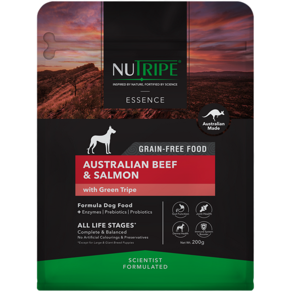 Nutripe, Dog Dry Food, ESSENCE, Grain Free, Australian Beef & Salmon with Green Tripe (3 Sizes)