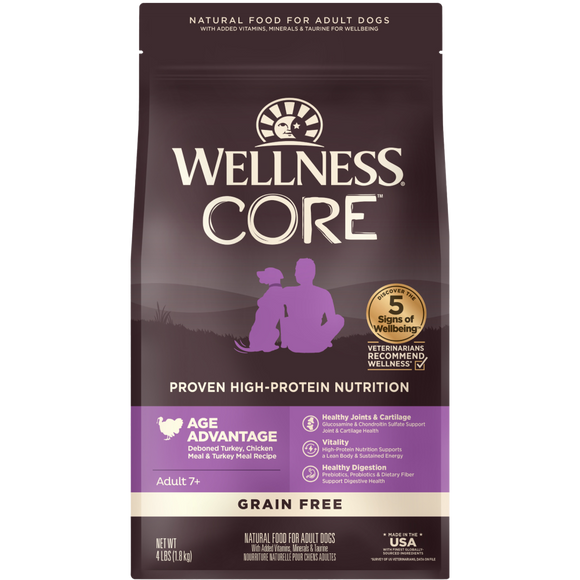 Wellness Core, Dog Dry Food, Grain Free, Age Advantage, Deboned Turkey, Turkey & Chicken Meal (3 Sizes)