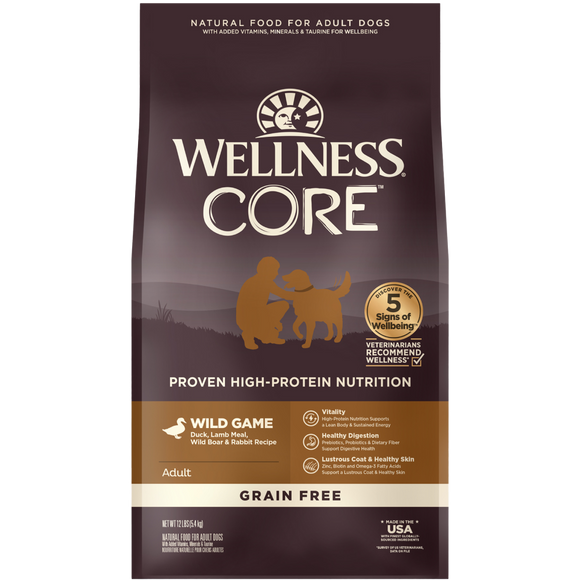 Wellness Core, Dog Dry Food, Grain Free, Wild Game, Duck, Lamb Meal, Wild Boar & Rabbit (2 Sizes)