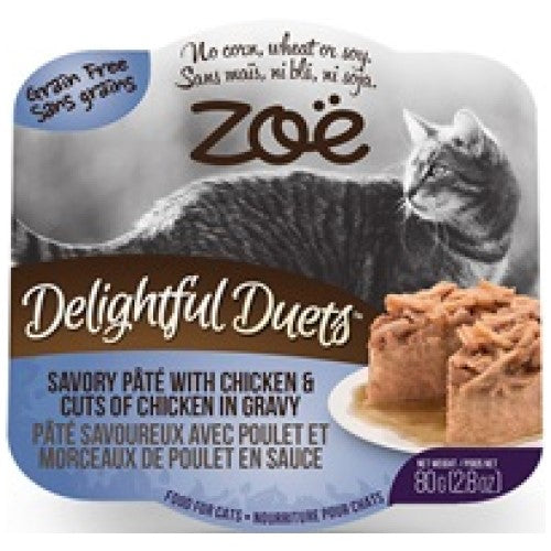 Zoe, Cat Wet Food, Grain Free, Delightful Duets Savory Pate with Chicken & Cuts of Chicken in Gravy (By Carton)