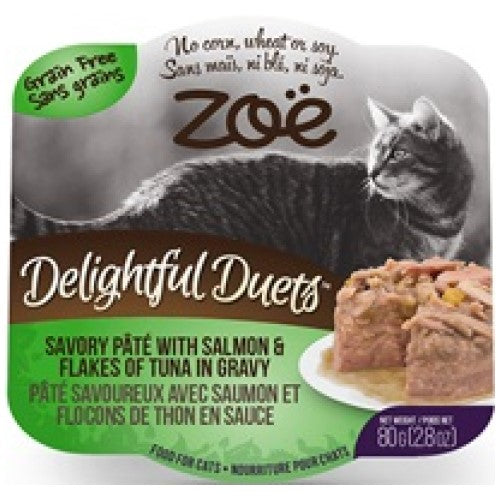 Zoe, Cat Wet Food, Grain Free, Delightful Duets Savory Pate with Salmon & Flakes of Tuna in Gravy (By Carton)