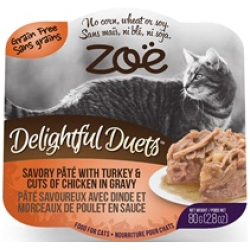 Zoe, Cat Wet Food, Grain Free, Delightful Duets Savory Pate with Turkey & Cuts of Chicken in Gravy (By Carton)