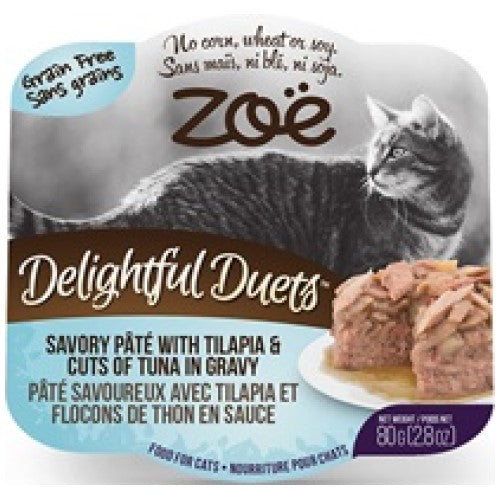 Zoe, Cat Wet Food, Grain Free, Delightful Duets Savory Pate with Tilapia & Cuts of Tuna in Gravy (By Carton)