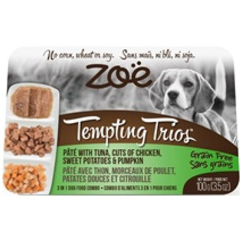Zoe, Dog Wet Food, Grain Free, Tempting Trios Pate with Tuna, Cuts of Chicken, Sweet Potatoes & Pumpkin (By Carton)