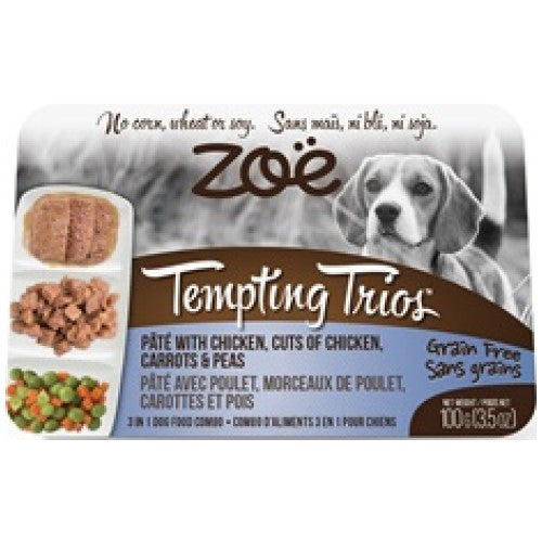 Zoe, Dog Wet Food, Grain Free, Tempting Trios Pate with Chicken, Cuts of Chicken, Carrots & Peas (By Carton)