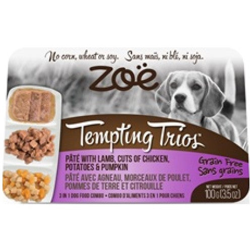 Zoe, Dog Wet Food, Grain Free, Tempting Trios Pate with Lamb, Cuts of Chicken, Potatoes & Pumpkin (By Carton)