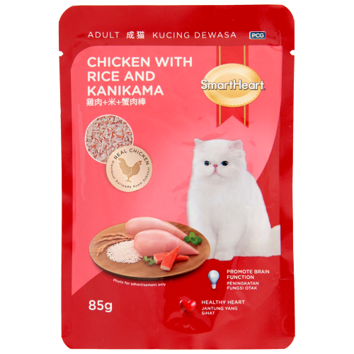 SmartHeart, Cat Wet Food, Adult Cat Pouch, Chicken with Rice & Kanikama