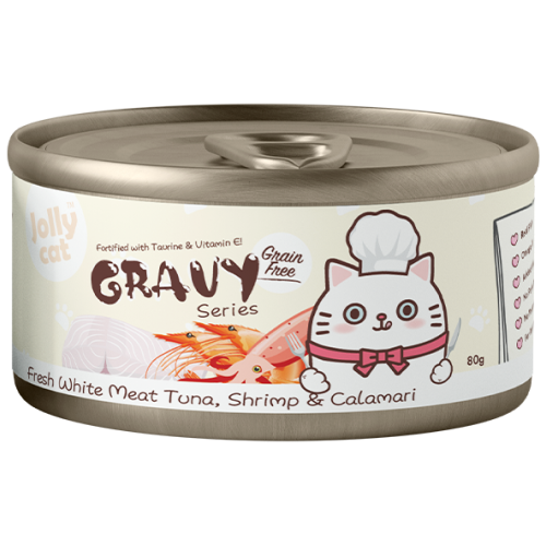 Jollycat, Cat Wet Food, Fresh White Meat Tuna & Shrimp & Calamari in Gravy (By Carton)