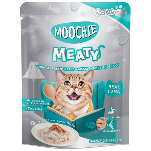 Moochie, Cat Wet Food, Meaty, Senior, Tuna & Green-Lipped Mussel in Gravy (By Carton)