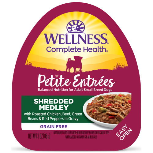 Wellness Complete Health, Dog Wet Food, Grain Free, Small Breed, Petite Entrees, Shredded Medley, Roasted Chicken, Beef, Green Beans & Red Peppers