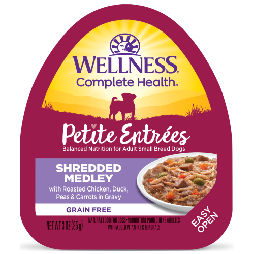 Wellness Complete Health, Dog Wet Food, Grain Free, Small Breed, Petite Entrees, Shredded Medley, Roasted Chicken, Duck, Peas & Carrots