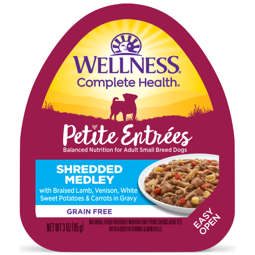 Wellness Complete Health, Dog Wet Food, Grain Free, Small Breed, Petite Entrees, Shredded Medley, Braised Lamb, Venison, White Sweet Potatoes & Carrots