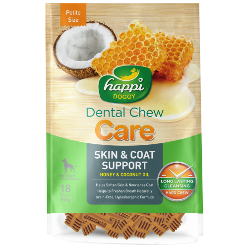 Happi Doggy, Dog Hygiene, Oral & Dental Care, Care Dental Chew, Skin & Coat Support, Honey & Coconut Oil